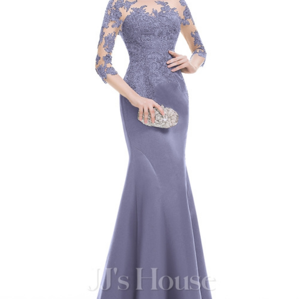 JJs House Dusty Blue Illusion Lace Gown Dress